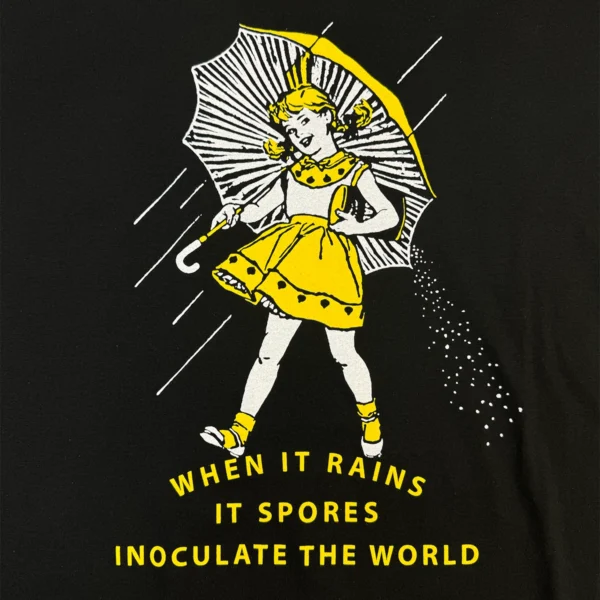 "when it rains it spores" black t-shirt