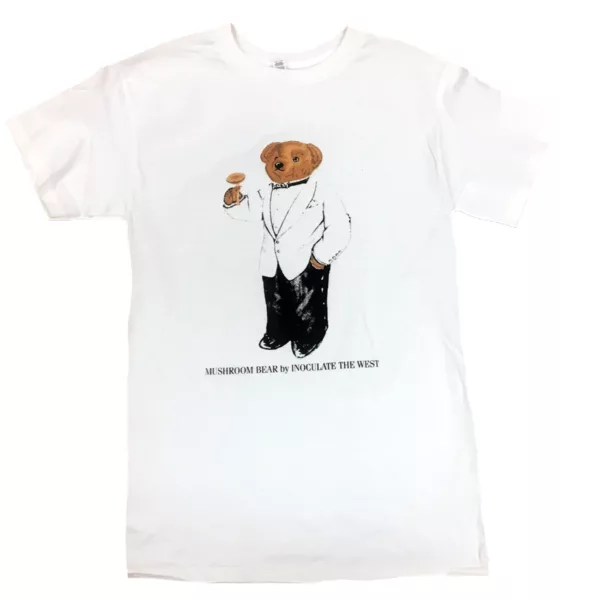 white T-Shirt with image of bear holding mushroom