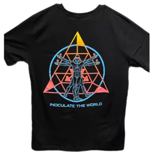 black T-Shirt with image of pink, yellow, and blue itw logo