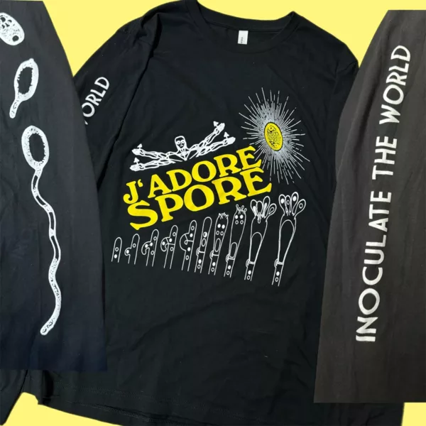 Black TShirt with Yellow and White font reading J'AdoreSpore collage