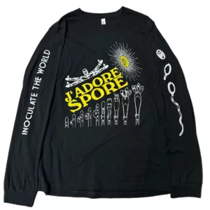 Black TShirt with Yellow and White font reading J'AdoreSpore