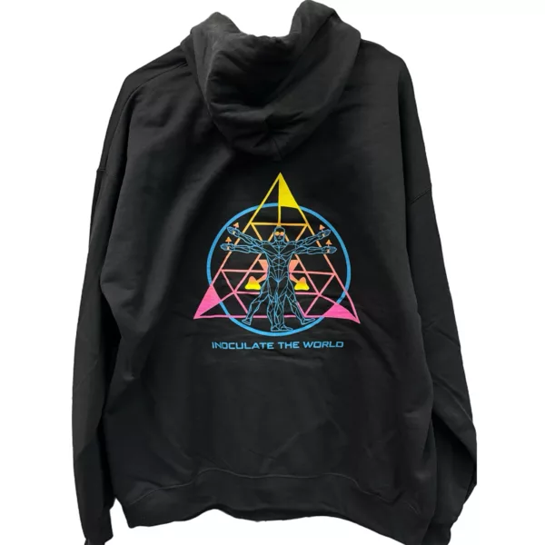 black hooded sweatshirt with colorful inoculatetheworld logo