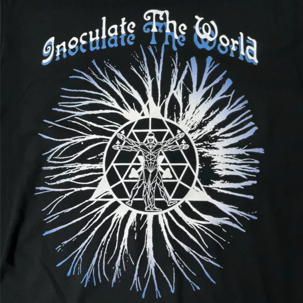 Black TShirt with blue and White font reading InoculateTheWorld