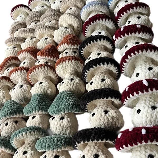 variety of assorted crochet mushrooms made with colorful polyester