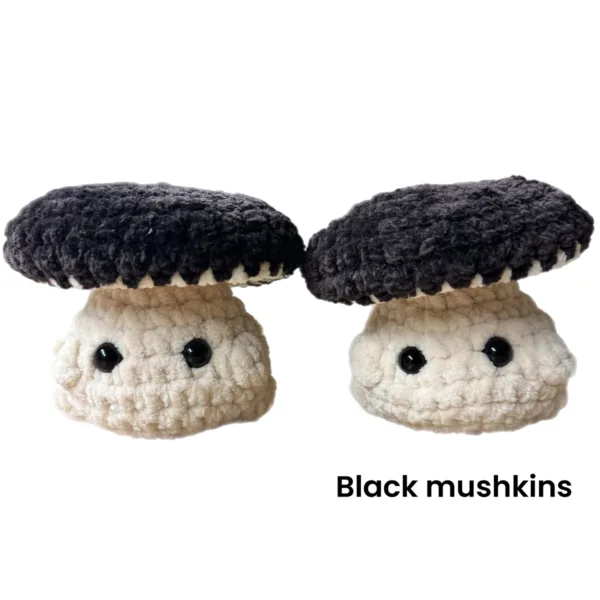 variety of assorted crochet mushrooms made with black polyester