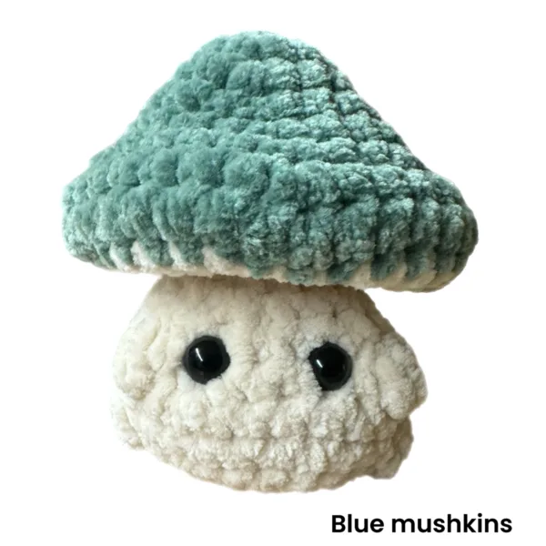 variety of assorted crochet mushrooms made with blue polyester