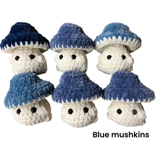 variety of assorted crochet mushrooms made with blue polyester