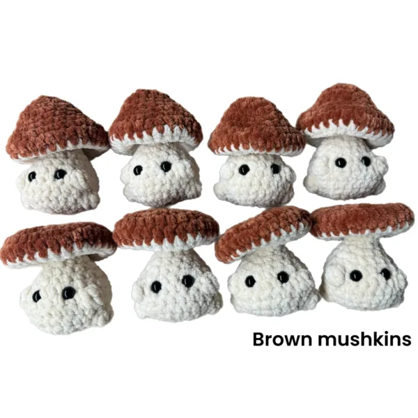 variety of assorted crochet mushrooms made with brown polyester