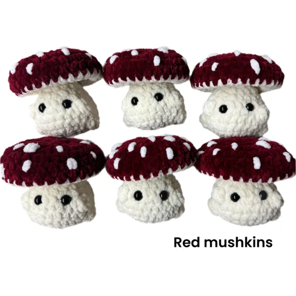 variety of assorted crochet mushrooms made with red polyester