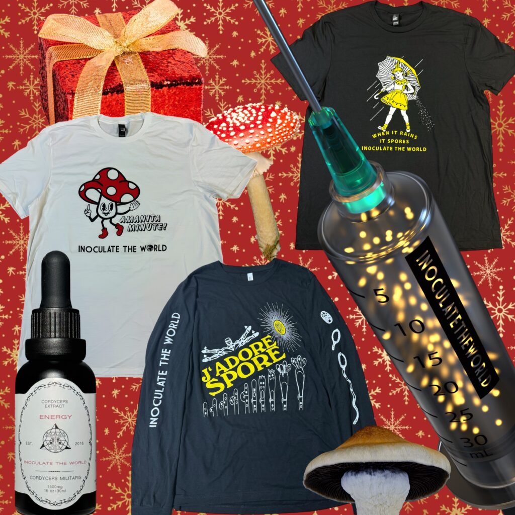 Collage of InoculateTheWorld products including shirts, tincture bottles, and spore syringes
