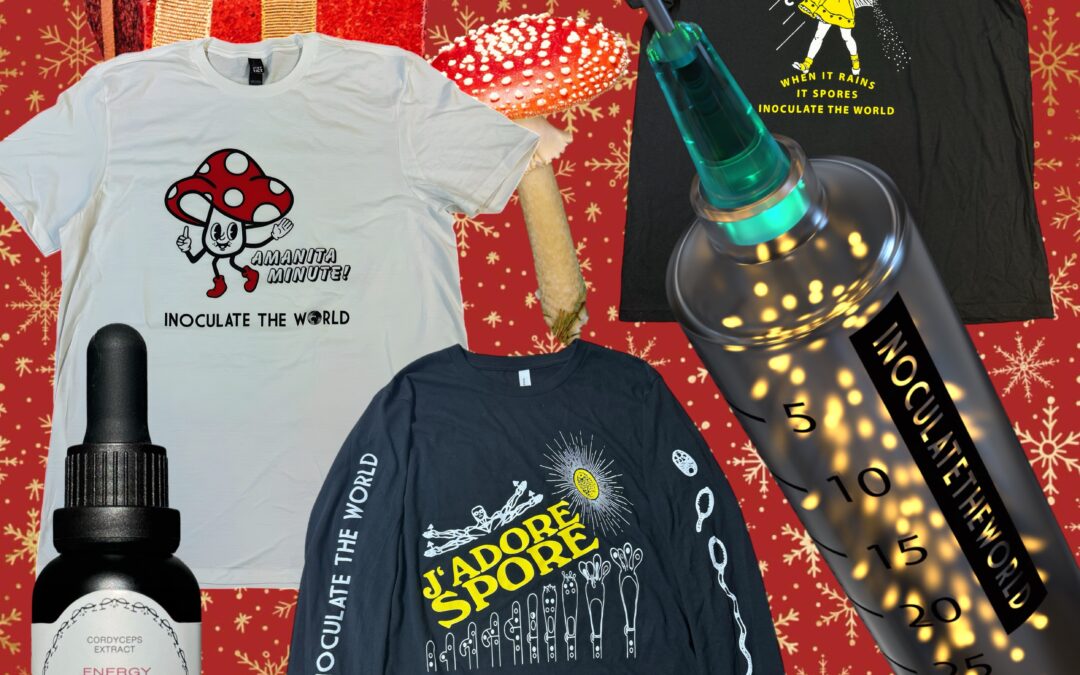 Collage of InoculateTheWorld products including shirts, tincture bottles, and spore syringes