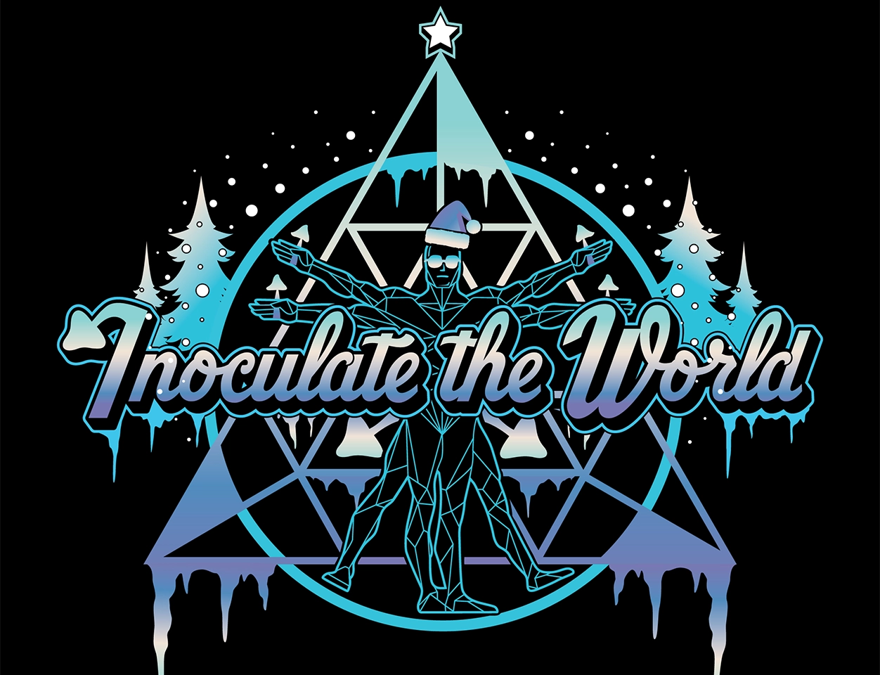 inoculatetheworld winter logo with blue christmas trees