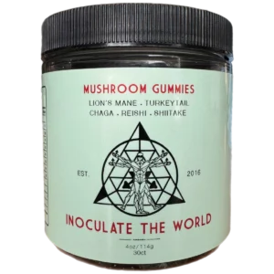 green container mushroom gummies inoculatetheworld