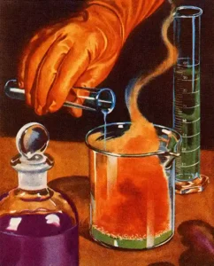 A vintage illustration of chemical laboratory procedures