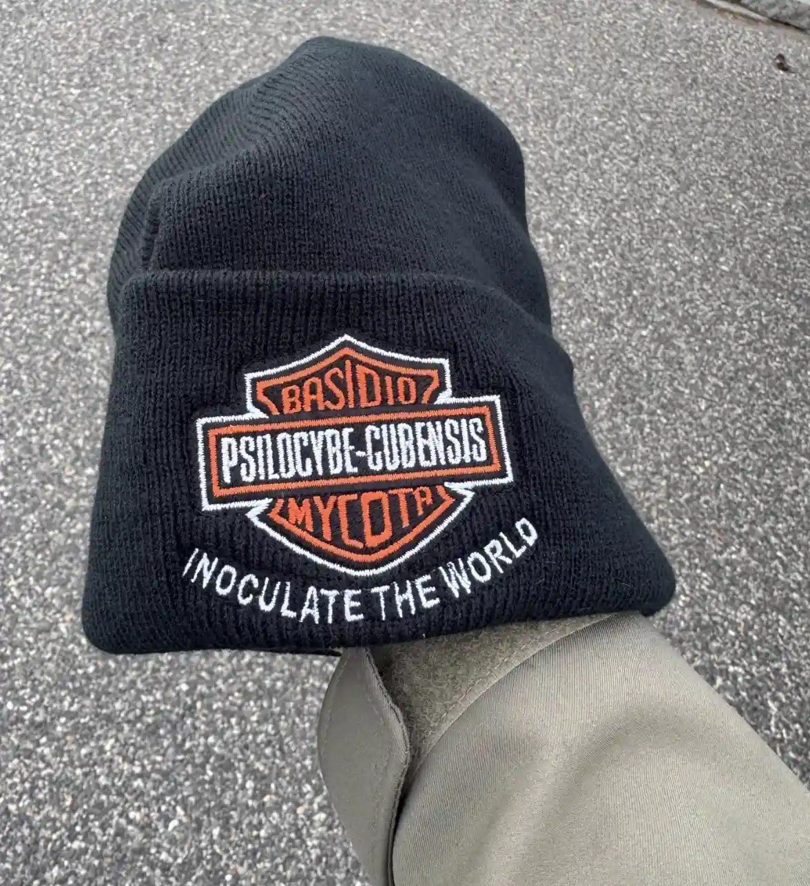 A black beanie with a Psilocybe Cubensis motorcycle logo