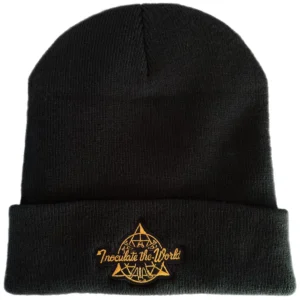 black beanie with white backround and yellow logo