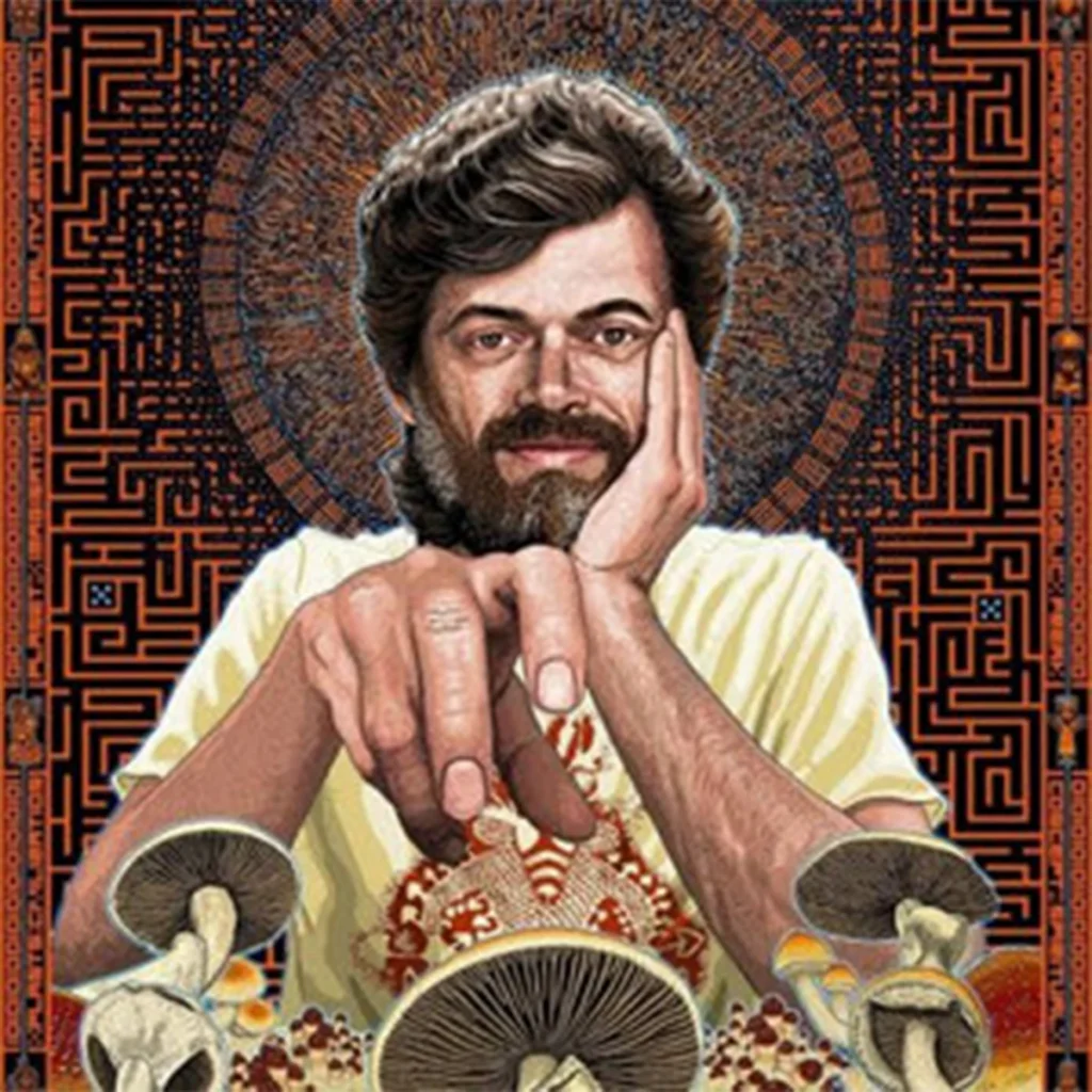 Terence McKenna in an array of mushrooms