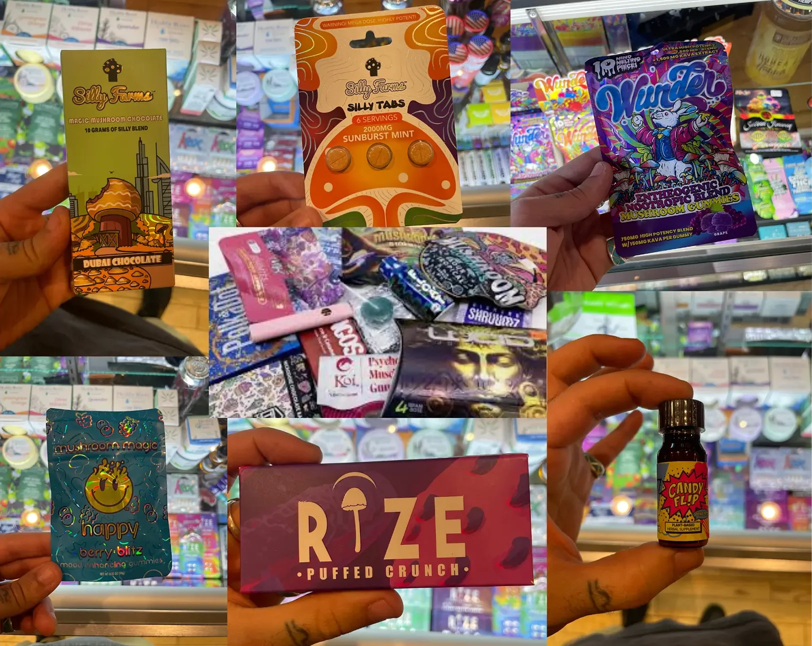 An assortment of grey-market mushroom edibles, collaged together 