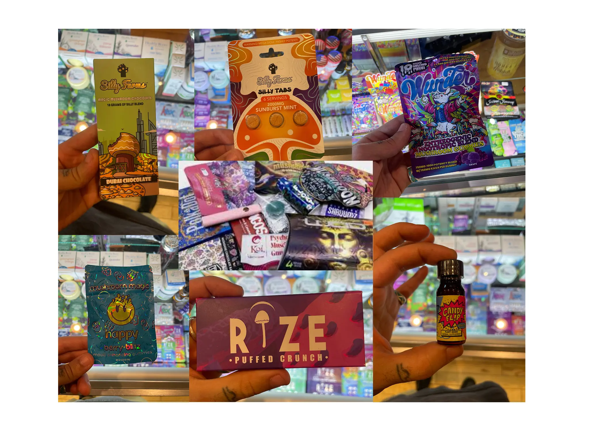 An assortment of grey-market mushroom edibles, collaged together