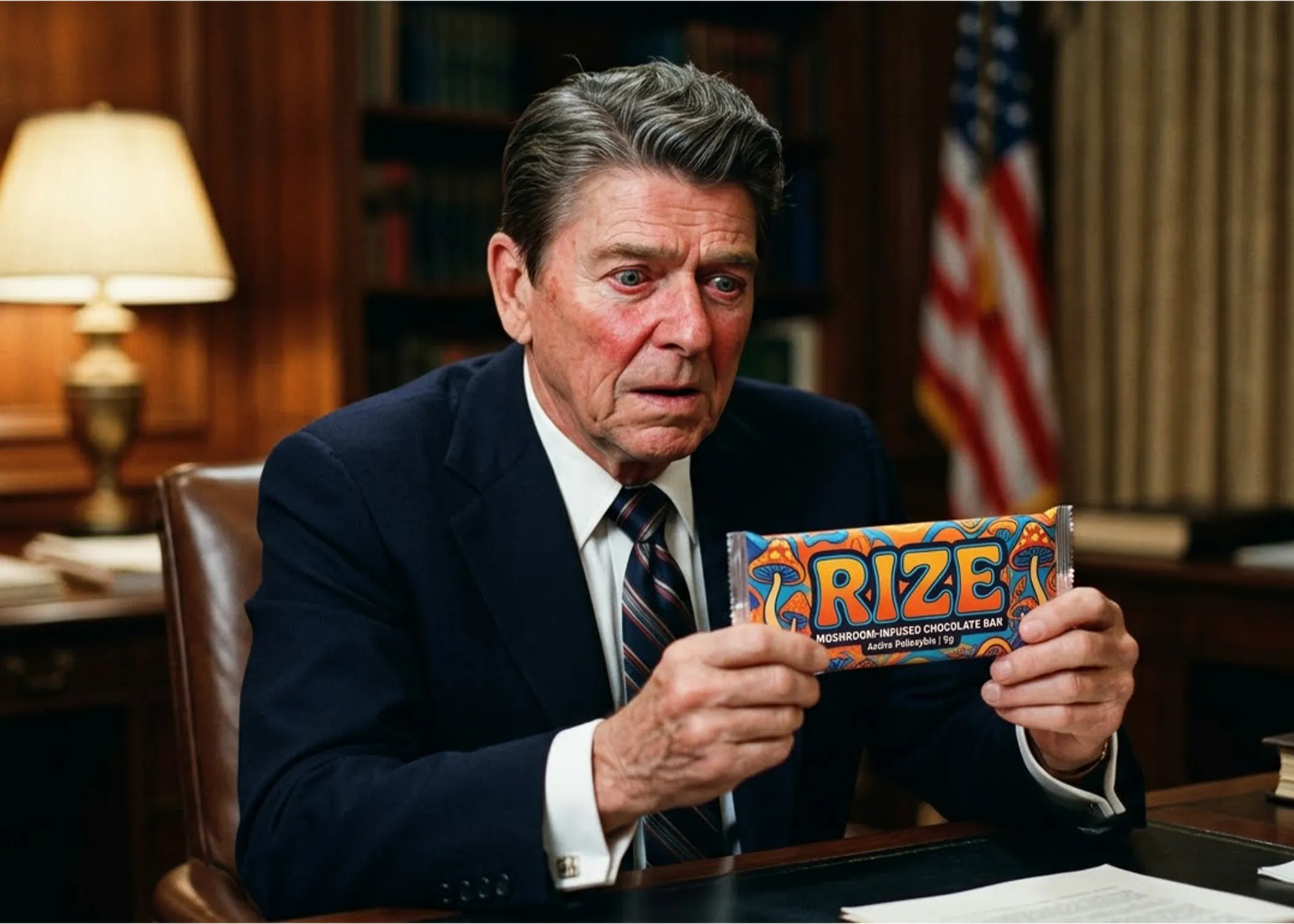 An AI-generated image of Ronald Reagan staring in horror at a "RIZE"-brand mushroom chocolate bar 