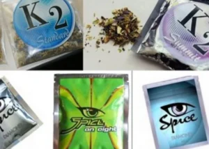 An assortment of K2 and Spice bags photographed against a white background 