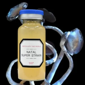 A small vial filled with yellow liquid against a black backdrop and mushrooms with sinuous stems