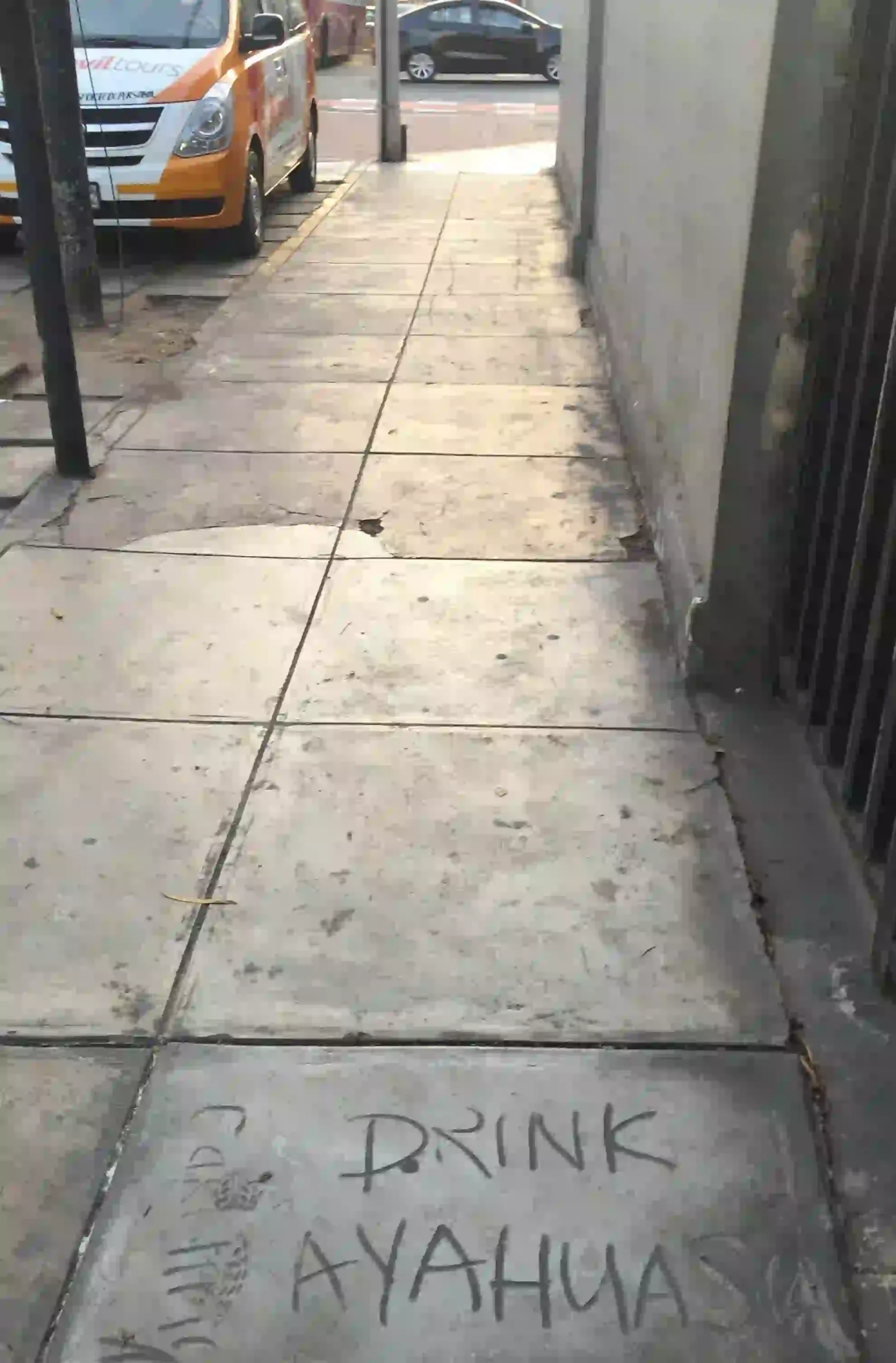 A city sidewalk with graffiti reading 'drink ayahuasca'