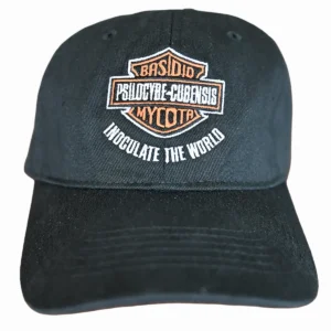 A black baseball cap with an embroidered orange and white biker logo.