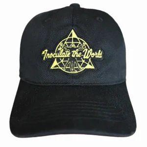 A black baseball cap with a yellow embroidered logo