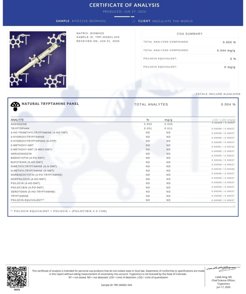 A certificate of analysis sheet.