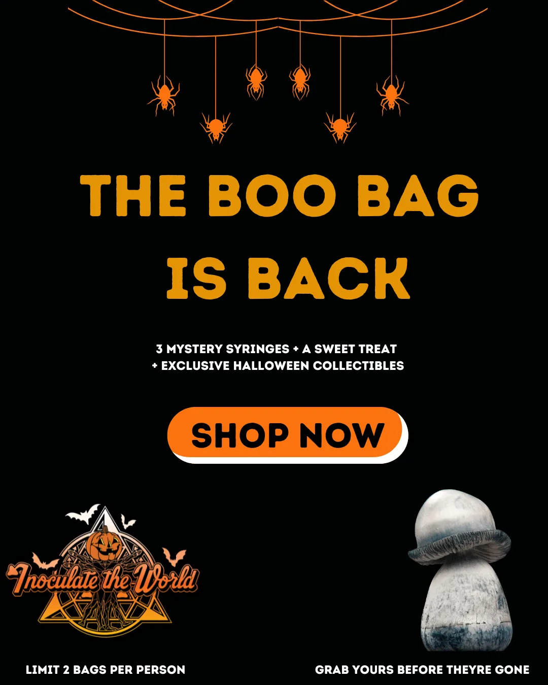 Inoculate the World Halloween Boo Bag promotion featuring mystery spore syringes and exclusive collectibles