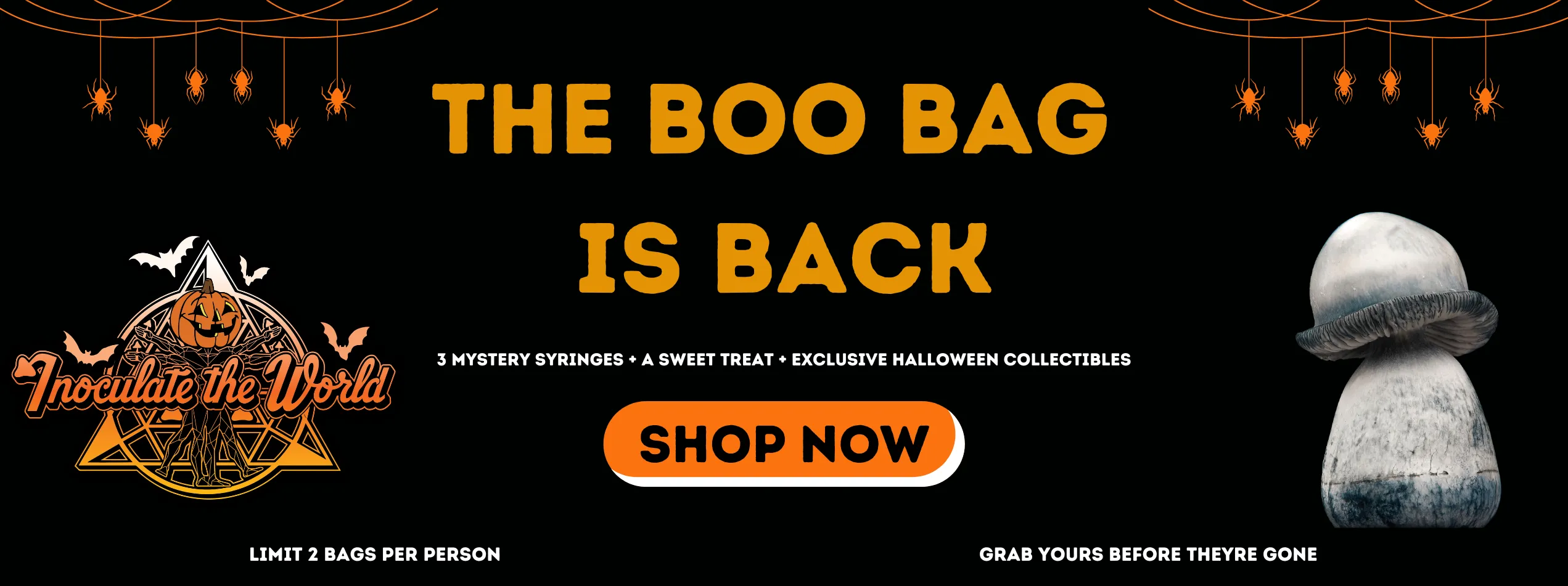 Inoculate the World Halloween Boo Bag promotion featuring mystery spore syringes and exclusive collectibles